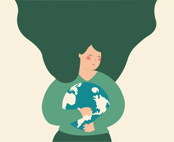 Mulher Abraça Segura Mãe Terra Rapariga Preocupa Com Planeta Verde — Vetor de Stock