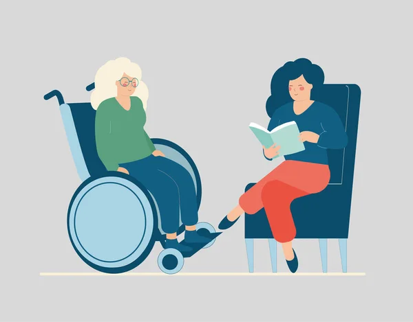 Woman Daughter Reading Book Elderly Person Disability Uses Wheelchair Caregiver —  Vetores de Stock