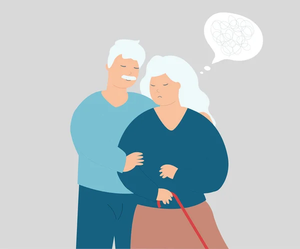 認知症や不安症の老婦人 夫は妻の記憶喪失を助ける 結婚と支援の概念 精神障害 アルツハイマー病 記憶喪失と闘うストレスのある高齢者 — ストックベクタ