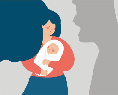 Mother protects her newborn baby from a man's shadow that threats him. Concept of family abuse, domestic violence, negative parenting. Vector illustration