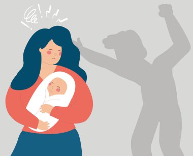 A mother protects her newborn baby from a man's shadow that threats him. Concept of family abuse, domestic violence, motherhood, negative parenting. Stop bullying children and women. Vector stock