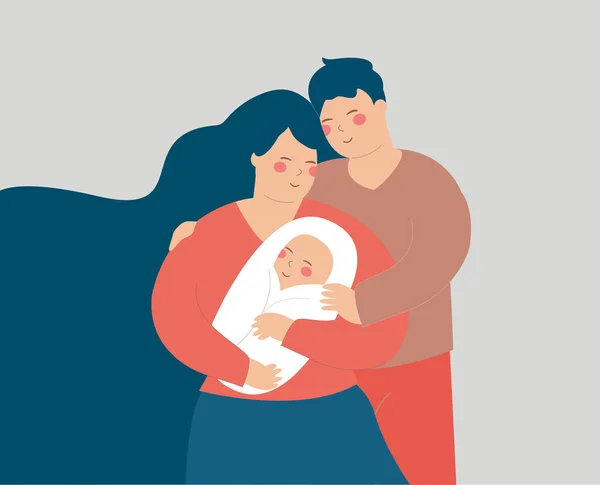 Genç Çift Bebeklerine Sevgiyle Sarılıyor Karı Koca Yeni Doğan Çocuklarını — Stok Vektör