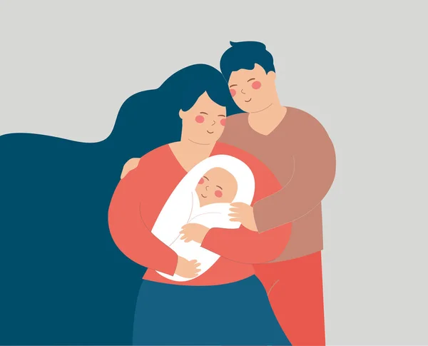 Young Couple Hug Baby Love Husband Wife Embrace New Born — Stok Vektör