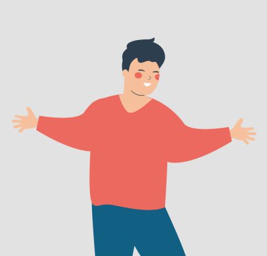 Kollarını açıp zıplayan mutlu genç adam. Gülümseyen, kolları açık ve yüzünde dostça bir ifade olan bir çocuk. Başarı kavramı, akıl sağlığı refahı, sağlıklı yaşam tarzı ve arkadaşlık. Vektör deposu