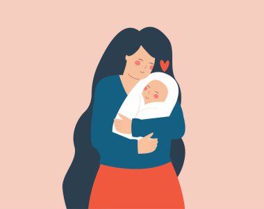 Genç anne yeni doğmuş bebeğini sevgi ve özenle tutuyor. Anne çocuğunu kucaklıyor ve ona sarılıyor. Bekar anneler, 8 Mart Anneler Günü, aile sevgisi ve annelik kavramı. Vektör illüstrasyonu