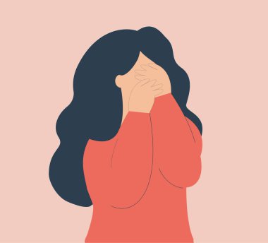 Üzgün genç kadın depresyonda ve ağlayarak yüzünü kapatıyor. Ağlayan ergen kız duyguları. Akıl sağlığı bozuklukları ve psikolojik sorunlar kavramı. İzole Vektör illüstrasyonu.