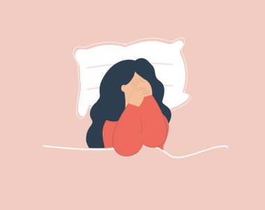 Woman in depression suffers from insomnia at night. Girl with sleep disorder covers face and has confused thoughts on the bed. Concept of sleeplessness, nightmare, mental health illness. Vector stock
