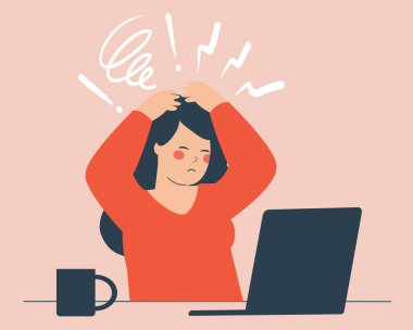 Ofis masasının arkasında oturan bunalımlı bir iş kadını ve kafası karışmış görünüyor. Bitmemiş projeler yüzünden üzgün kadın işçi ya da patron kendini çok meşgul hissediyor. Tükenmiş konsept. Vektör illüstrasyonu