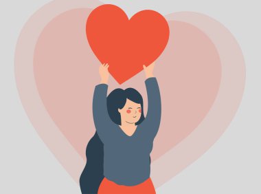 Genç bir kadın kırmızı bir kalbi başının üstünde tutuyor. Mutlu genç bir dişi, izole edilmiş büyük bir kalbi kaldırır. Aşk, romantik ilişkiler ve sevgililer günü konsepti. Vektör illüstrasyonu