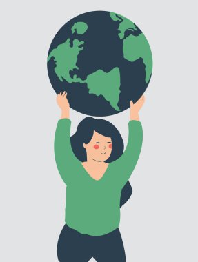 Young woman holds the green earth with care. Happy girl lifts up the green planet with love. Illustration of Earth day and saving planet. Nature, environment conservation and energy saving concept.
