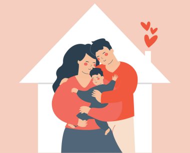 Mutlu genç baba ve anne oğullarına sevgiyle sarılıyor. Çiftler ya da ebeveynler çocuklarını özenle kucaklarlar. Başarılı bir evlilik, mutlu bir ev, aile sevgisi ve pozitif ebeveynlik kavramı. Vektör deposu