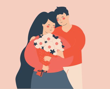 Genç bir kadın ya da eş bir buket çiçek tutuyor ve kocasını kucaklıyor. Yeni evli çift birbirine sevgiyle ve özenle sarılıyor. Aile günü, anneler günü, sevgililer günü ve aile hayatı. Vektör deposu