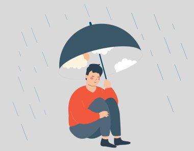 Adam kendini yağmurdan korumak için gökyüzü ve güneş şemsiyesi kullanıyor ve mutlu ve rahat görünüyor. İç dünya ve zihinsel sağlık iyileştirme kavramı. Vektör illüstrasyonu