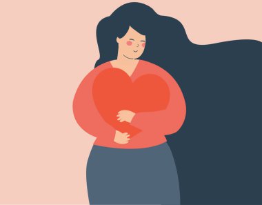Smiling Woman hugs a big heart with love. Young mother with closed eyes embraces a red heart and enjoys her freedom. Body positive, mother's love, mental health , self acceptance concept. Vector stock
