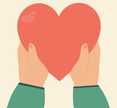 Two human hands hold a big heart as a sign of love in valentine's day. Concept of couple love, philanthropy, charity and donation. Vector illustration