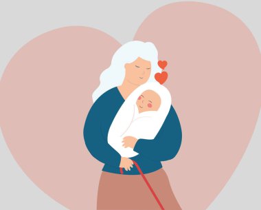 Grandmother hugs his newborn with love. Senior woman embraces a baby with care. Happy grandma holds her grandchild. Happy grandparents day, family bond and generations concept. Vector stock
