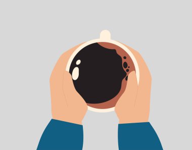 Hands holding a big warm cup of coffee in cold weather seasons. Woman or man holding a big cocoa mug in an isolated background. Concept of winter and autumn cozy, caf addicted. Vector illustration