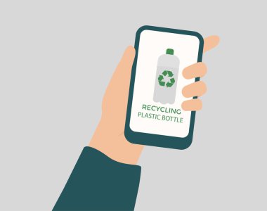 Büyük el, mobil ekranında plastik şişelerin geri dönüşüm sayfası olan bir akıllı telefonu tutuyor. Dünya günü, çevre koruma, atık geri dönüşüm yönetimi ve gezegen koruma kavramı. Vektör deposu