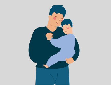 Mutlu baba yeni doğmuş bebeğini özenle kucaklıyor. Küçük babası oğlunu kucağına alıp onunla oynuyor. Babalık deneyimi, pozitif ebeveynlik, mutlu babalar günü konsepti. Vektör illüstrasyonu