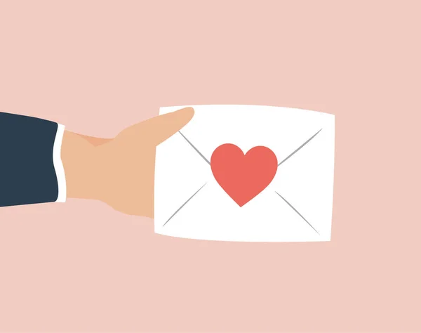 Human Hand Holding Big Paper Envelope Red Heart Sign Love — стоковый вектор