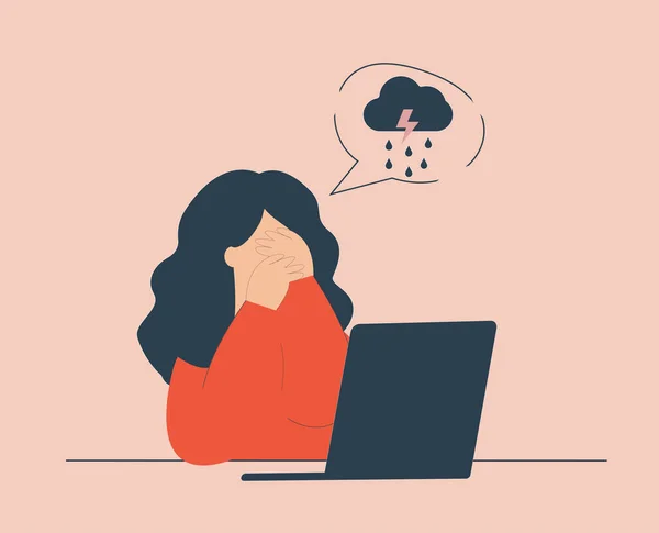Young Woman Feels Headache Cries Covering Her Face Stressed Girl — Vector de stock