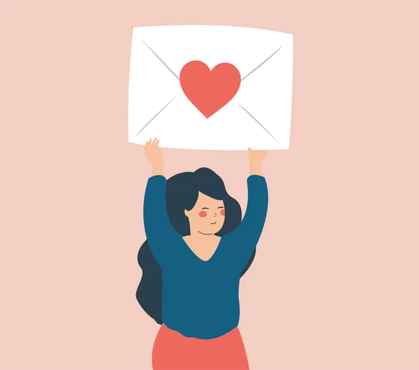 Happy Teenage Girl Lifts Large Envelope Red Heart Woman Holding — Stockový vektor