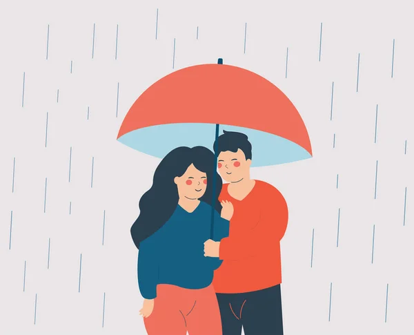 Young Woman Man Embrace Each Other Hide Rain Open Umbrella — ストックベクタ