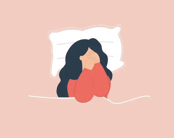 Woman Depression Suffers Insomnia Night Girl Sleep Disorder Covers Face — Vetor de Stock