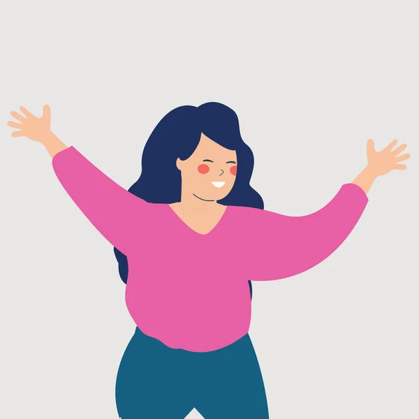 Happy Woman Character Full Energy Raised Hands Joyful Female Waves — Stockvektor