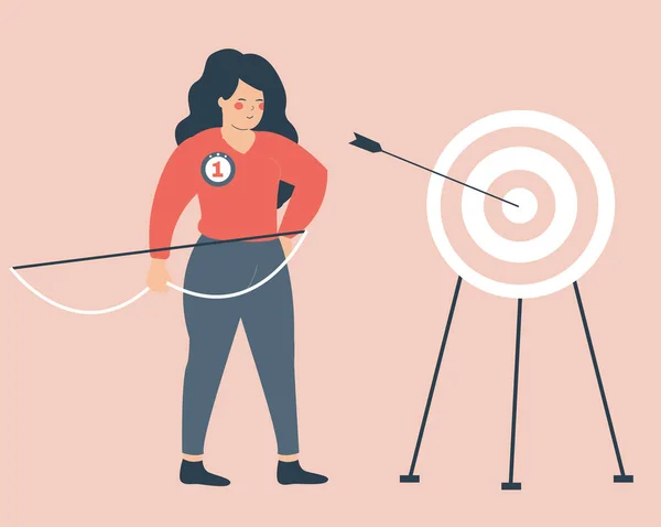 Strong Girl Shooting Bow Hits Target Businesswoman Achieve Her Goals — Διανυσματικό Αρχείο