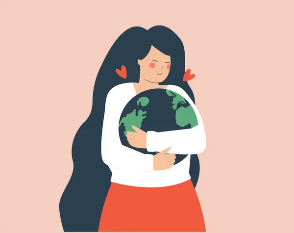 Woman Hugs Earth Her Arms Love Care Young Female Embraces — Image vectorielle