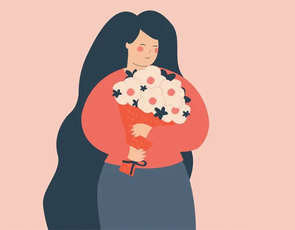 Happy Woman Holding Big Bouquet Flowers Dreamy Young Mom Holds — 스톡 벡터