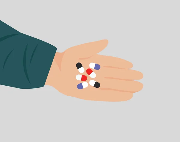 Big Human Hand Holds Pile Pills Stress Doctor Prescribes Tablets — Stockový vektor