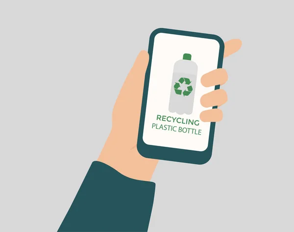 Big Hand Holds Smartphone App Page Recycling Plastic Bottles Mobile — Wektor stockowy