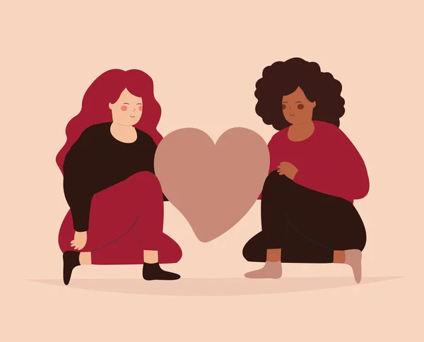 Two Women Sit Hold Big Heart Looks Happy Girls Different — Vector de stock