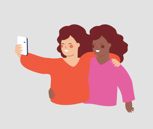 Woman Embraces Her Best Friend Taking Selfie Women Hug Each — Stock vektor