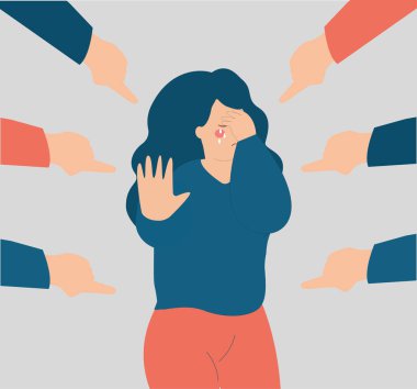 Depresyondaki genç kadın taciz ve zorbalığın kurbanı. Genç bayan ergen ağlıyordu ve onu suçlamak için koca parmakları vardı. Zihinsel ve fiziksel şiddet kavramını durdur. Zihinsel sağlık farkındalığı.