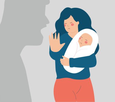 Single mother protects her newborn from the shadow of a man who threatens and screams at them. Concept of the people and family abuse, domestic violence. Stop bullying children and women in society.