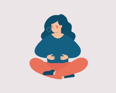 Woman sits on the floor and doing yoga breathing exercices. Girl makes an inhale and exhale while sitting in pose lotus. Recovery Respiratory system for people with asthma and wellbeing concept.