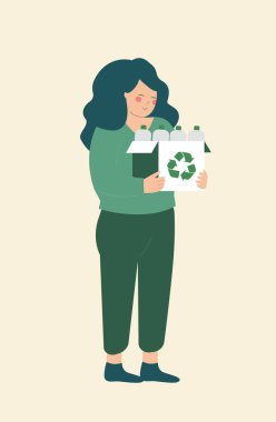 Genç kadın geri dönüşüm için plastik şişe topluyor. Yeşil ekoloji, çevre koruma ve Dünya Günü konsepti. Vektör illüstrasyonu.