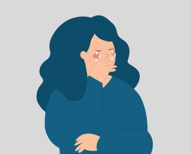Depresyondaki genç bir kadın ağlıyor ve yüzünü örtüyor. Üzgün genç kız negatif duygular içinde ağlıyor ve stres, depresyon ve endişe hissediyor. Akıl sağlığı bozukluğu kavramı. Vektör illüstrasyonu.