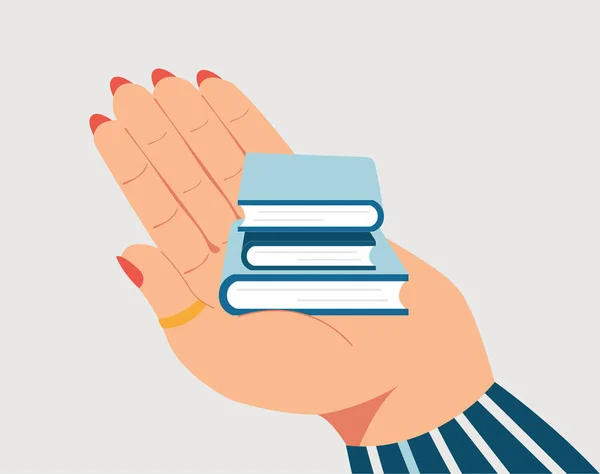 Big Hand Holding Stack Books Isolated Illustration World Book Day — Stockvector