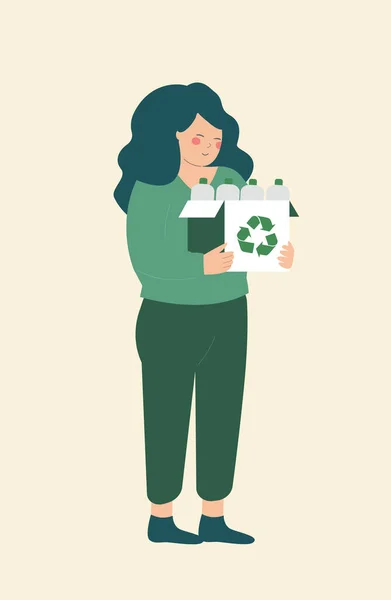 Young Woman Collectes Plastic Bottles Recycling Green Ecology Environment Protection — Vector de stock