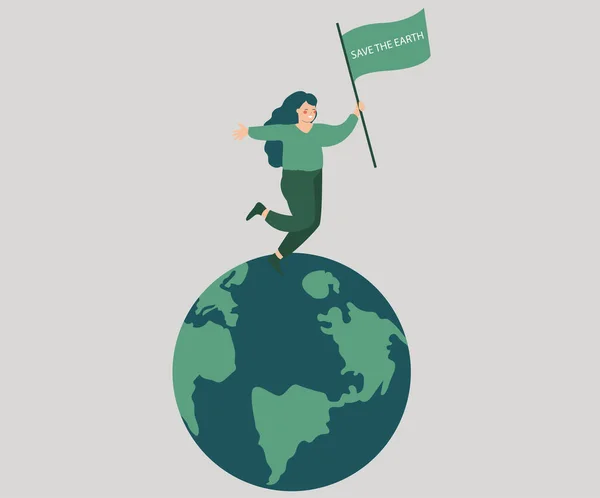 Activist Woman Walking Jogging Green Planet While Holding Banner Message — ストックベクタ