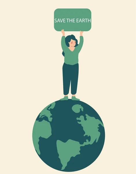 Activist Woman Stands Planet Hold Poster Earth Support Ecology Environment — Stock Vector