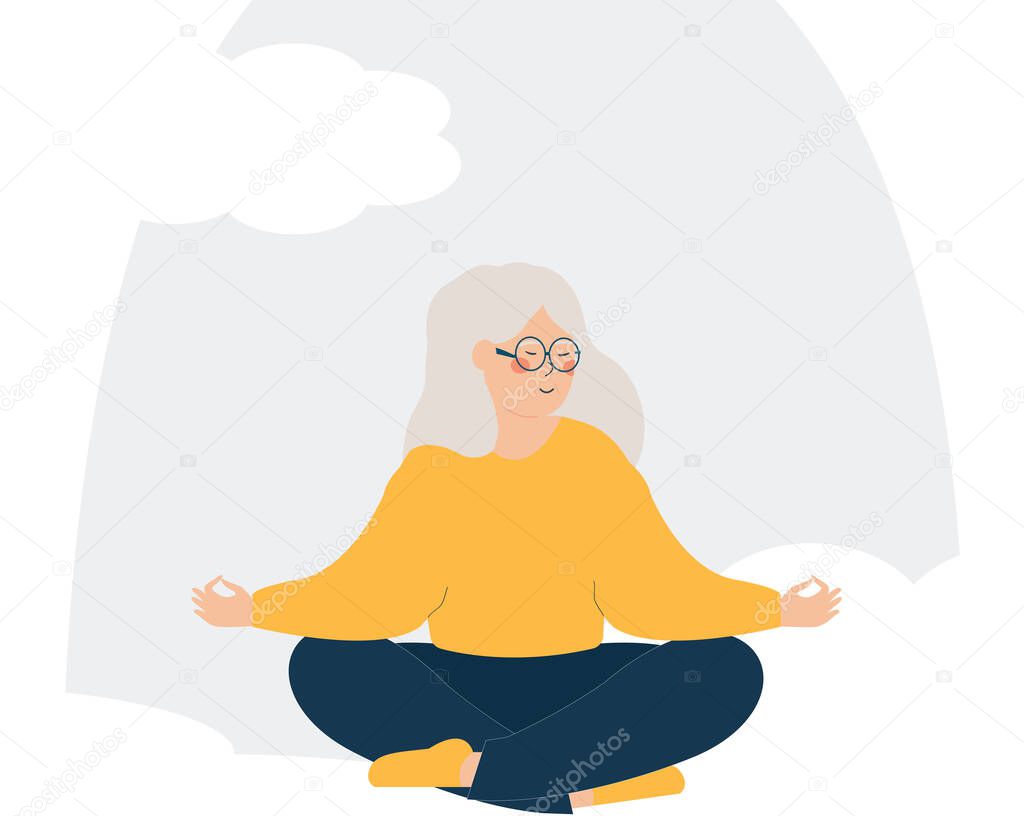 Elderly woman relaxing in lotus yoga posture. Senior female meditating next to the window to maintain her balance and harmony with the nature. Mental health wellbeing of grandparents concept. Vector.