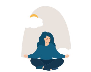 Nilüfer yogası pozisyonunda dinlenen genç bir kadın. Sakin genç kız doğayla uyum ve dengesini korumak için pencerenin yanında meditasyon yapıyor. Zihinsel sağlık ya da farkındalık kavramı. Vektör.
