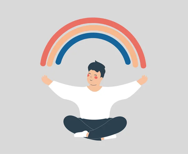 Happy Man Sits Yoga Lotus Pose Outstretched Arms Create Positive —  Vetores de Stock