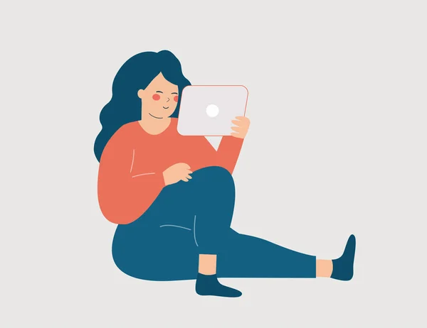 Young Woman Sitting Spending Time Working Online Home Teenage Girl — Archivo Imágenes Vectoriales