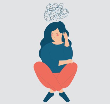 Confused woman sits on the floor has negative thoughts. Sad teenage girl with tangled thoughts suffers from mental health disorder. Concept of depression, stress and anxiety. Vector illustration. clipart